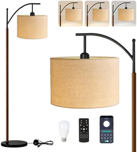 ILLMTW Arc Floor Lamp for Living Room,Bedroom,Vintage Mid Century Modern Standing Lamp with Remote Dimmable,Wood Boho Black Tall Lamp Fabric Lamp Shade Floor Lights Bohemian Tiffany Style by IlluminateTheWorld
