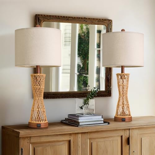 OYEARS 27" Table Lamps Set of 2 with Rattan & Dual Lights, Boho Lamps for Nightstands, Bedside Lamps for Bedroom, Nightstand Lamp for Living Room, Farmhouse Table Lamp for Office & Study - Image 6