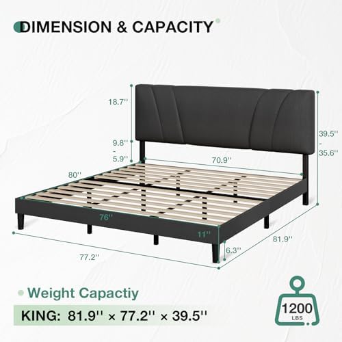 Novilla King Size Bed Frame with Adjustable Headboard Platform King Bed Frame Linen Fabric Upholstered Headboard, No Box Spring Needed, Noise-Free, Wooden Slats Support, Easy Assembly, Dark Grey - Image 2