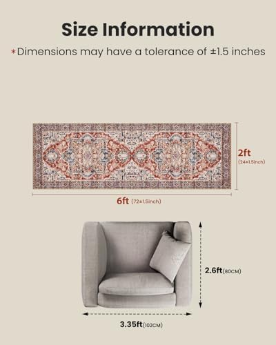 Amada 2x6 Washable Runner Rug for Kitchen & Entryway, Red, Vintage Pattern - Image 2