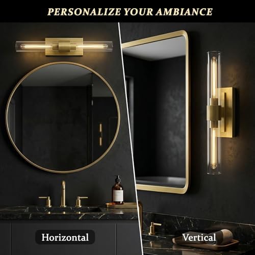 22.8" Brass Wall Sconces Set of 2, Modern Luxury 2-Light Bathroom Vanity Lights with Glass Tube Shade, Dimmable Hardwired Gold Wall Sconce for Bathroom Mirror, Living Room, Hallway (Bulbs Included) - Image 6