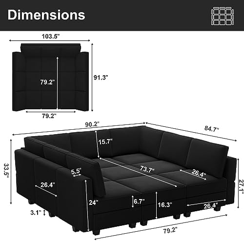 Belffin Modular Sectional Sofa with Ottomans Velvet Reversible Sleeper Chaise Bed Storage Seat Black - Image 2