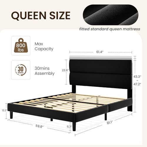 GRUSIGN Queen Size Platform Bed Frame with Velvet Headboard, Adjustable Height Wooden Slats Support, Upholstered Mattress Foundation, Fits Mattress or Mattress with Box Spring, Easy Assembly, Black - Image 2