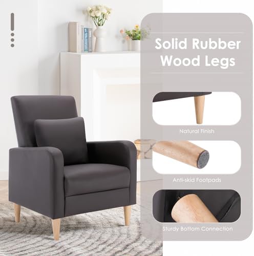 COLAMY Mid-Century Modern Accent Chair, Faux Leather Upholstered Living Room Chair with Back Pillow & Solid Wood Legs, Comfy Armchair for Living Room, Bedroom, Single Sofa, Dark Brown - Image 5