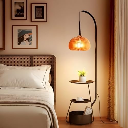 Bofea-Modern Arc Floor Lamp with Table & Shelves,Vintage Floor Lamps for Living Room,Mid Century Tall Standing Lamp with Walnut Shade,Adjustment Height Corner Lights for Bedroom Study Office - Image 4