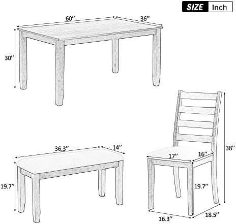 Rustic Farmhouse 6-Piece Dining Room Table Set, Counter Height Wooden Kitchen Dining Set with 4 Upholstered Chairs and Padded Bench, Kitchen Set for 6 (Brown+Whitewash) - Image 4