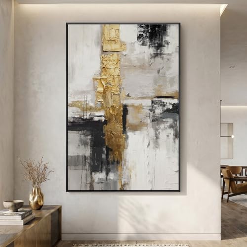 Extra Large Framed Black White Gold Abstract Wall Art, Vertical 40x60 In by Cuspin