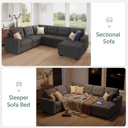 HONBAY Modular Sectional Sleeper Sofa with Pull Out Bed, U Shaped Sleeper Couches with Storage Chaise, 114'' Sleeper Sectional Sofas for Living Room, Apartment (Dark Grey) - Image 6