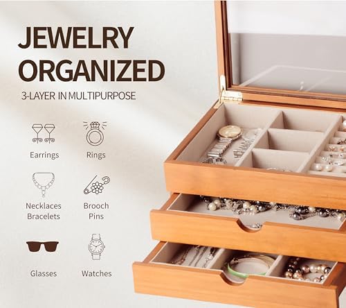 Clasin Home Jewelry Box with Glass Lid, 3 Layer Jewelry Organizer for Women, Solid Wooden Jewelry Box Display for Ring Earrings Necklace Bracelet, Pine Wood Jewelry Boxes Vintage Style for Gifts - Image 2