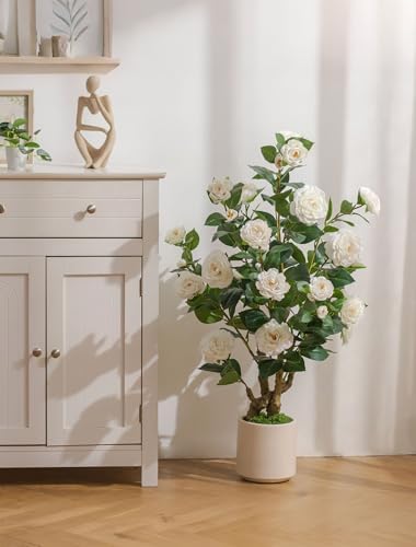 BLOSMON 2 Pack 3.3ft Artificial Camellia Tree for Front Porch Decor, White - Image 3