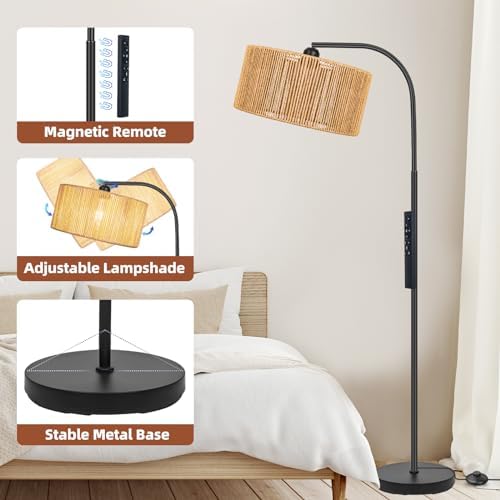 Boho Standing Lamp with Dimmable Bulb Nartual Rattan Adjustable Lampshade - Image 5