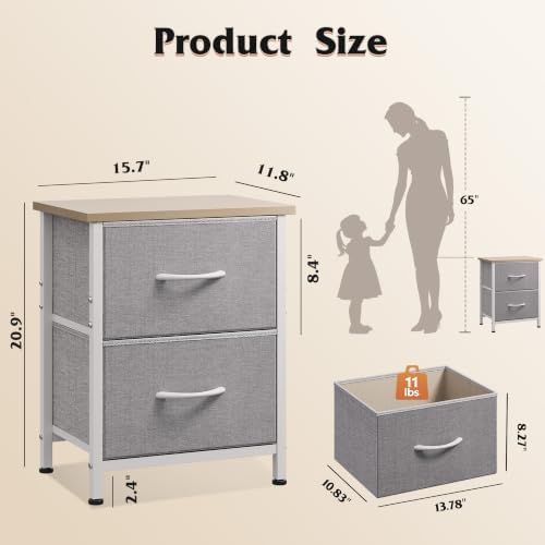 WLIVE Night Stand, Gray Nightstand with 2 Fabric Drawers, Small Dresser for Bedroom, Closet, College Dorm, End Table Side Furniture, Wood Top, Light Grey - Image 3