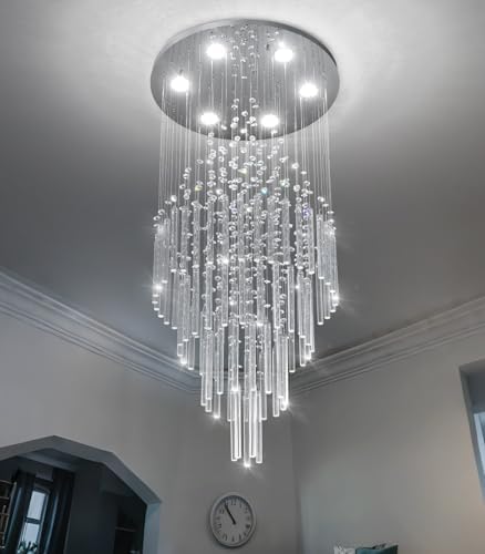 HAIXIANG W20 x H40 Crystal Glam Chandelier Long Light Chandeliers with Dimmable Light Bulbs High Ceiling Light Fixtures for Foyer Entryway Living Room Stair Silver - Image 6