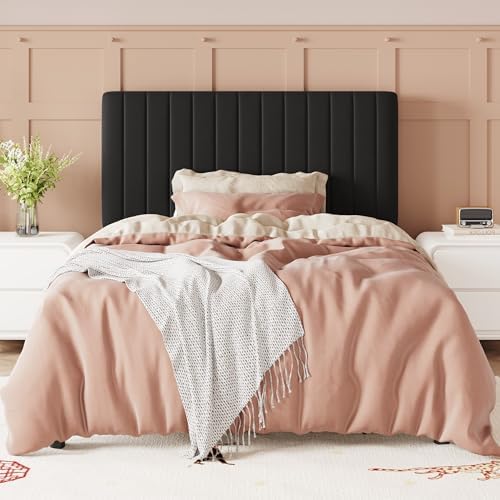 Allewie Twin Bed Frame, Velvet Upholstered Platform Bed with Adjustable Vertical Channel Tufted Headboard, Mattress Foundation with Strong Wooden Slats, Box Spring Optional, Easy Assembly, Black - Image 3
