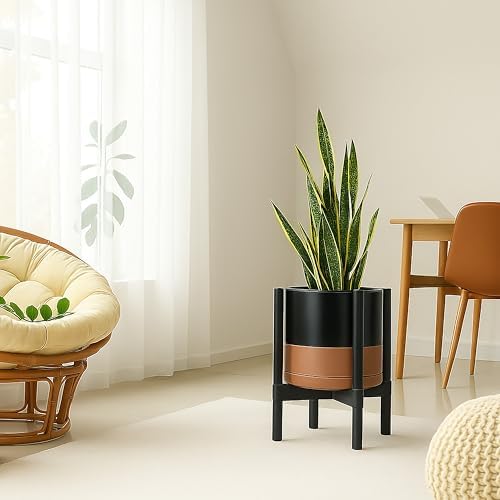 D'vine Dev Ceramic Pot with Ebony Wood Stand, Black/Tan, 12 in, 55-B-H-7 - Image 6