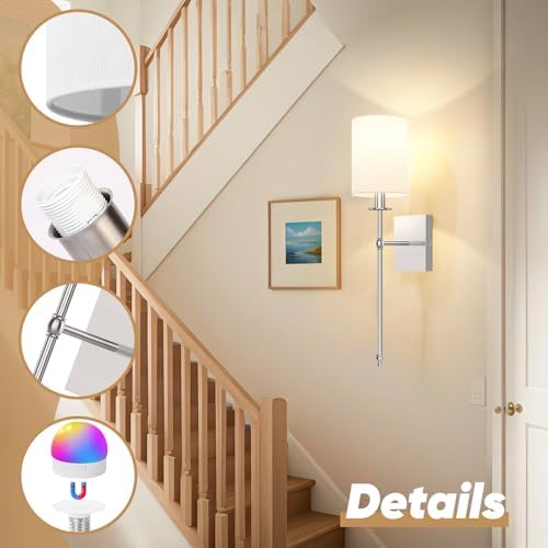 24 Inch Battery Operated Wall Sconces Set of 2 with Remote, Brushed Nickel Rechargeable Wireless Wall Lights with White Fabric Shade, Cordless Wall Lamps with Dimmable Detachable Bulbs for Bedroom - Image 6
