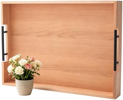 Large Ottoman Tray, 20"x14" Rectangular Trays for Big Ottoman, Maple Wooden Serving Tray with Metal Handles, Wood Serving Tray Counter Kitchen, Living Room Coffee Table Decor Organizer by DecentVrvege