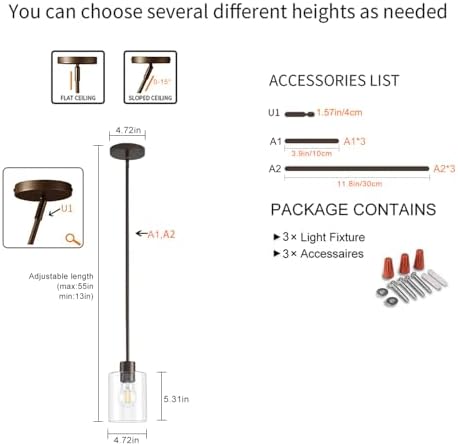 Oil Rubbed Bronze Pendant Lights Kitchen Island - Clear Glass Pendant Light Fixture Multiple Stems Rods 3 Units 12 Inch 3 Units 4 Inch (3 Pack Oil Rubbed Bronze Downrod) - Image 4