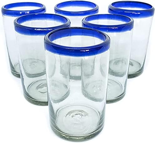 Cobalt Blue Rim 14 oz Drinking Glasses (set of 6), Recycled Glass, Lead-free, Toxin-Free (Drinking) by MexHandcraft