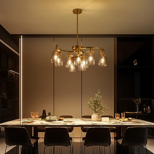CNRATYE 9-Light Gold Glass Chandelier, Adjustable Height Dining Room Light Fixtures Over Table, Contemporary Hanging Chandelier for Kitchen Island Living Room Foyer Office, Clear Glass Shade - Image 2