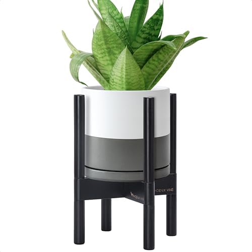 D'vine Dev Ceramic Pot with Ebony Wood Stand, White/Grey, 8 in, 55-B-M-6 by DvineDevPlanterPotsandStand