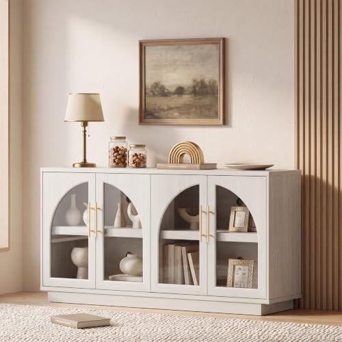 Fatmok 59" Arched Glass Sideboard Buffet Display Cabinet,White Oak by Fatmok