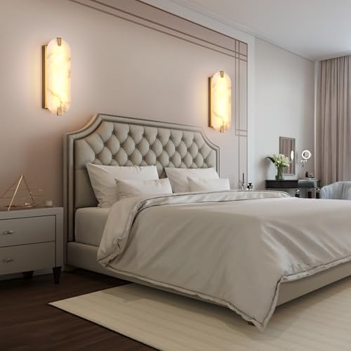 14.17in Alabaster Wall Sconces, Natural Marble Wall Light Set of Two, Modern LED Alabaster Sconces for Living Room Indoor Wall Lamps for Dining Room Stairs Bedroom,Brushed Gold - Image 2