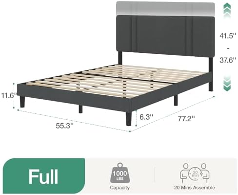 Novilla Full Size Bed Frame with Adjustable Headboard Platform Full Bed Frame with Linen Fabric Upholstered Headboard, No Box Spring Needed, Wooden Slats Support, Easy Assembly, Dark Grey - Image 2