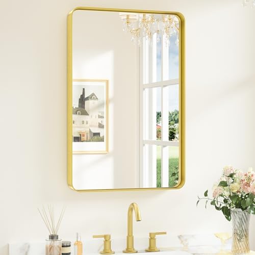 Keonjinn 20 x 30 Inch Gold Bathroom Mirrors for Over Sink, Tempered Glass by Keonjinn