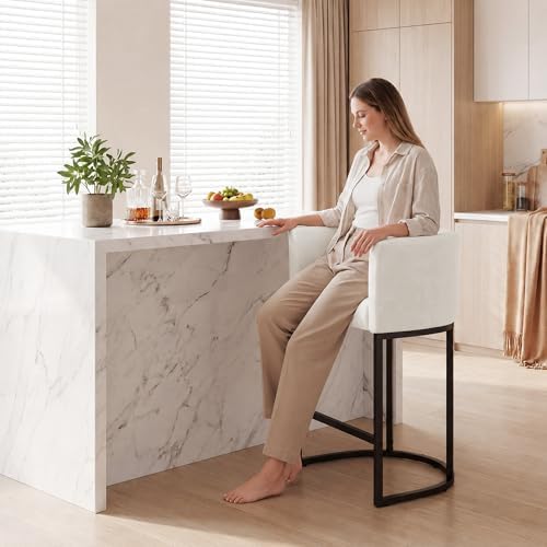 GRUSIGN Chenille Counter Height Bar Stools Set of 1, 26" Kitchen Island Stools with Arms & Footrest, Upholstered Barrel Back Bar Chairs for Kitchen， Dining Room, Bar & Lounge Area, Off-White - Image 5