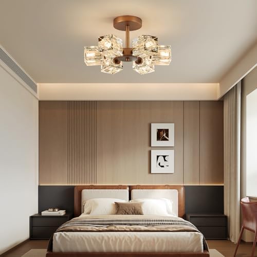 Crystal Antique Semi Flush Ceiling: Vintage Bronze Brass Sputnik Chandelier - Image 6
