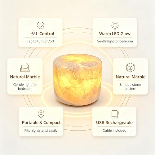 Marble Lamp Luxury Stone Table Lamp Type-C Rechargeable Touch Night Light Small Bedside Lamp Cordless Ambient Light for Home Decor, Bedroom, Living Room & Office (Glacier Jade) - Image 3