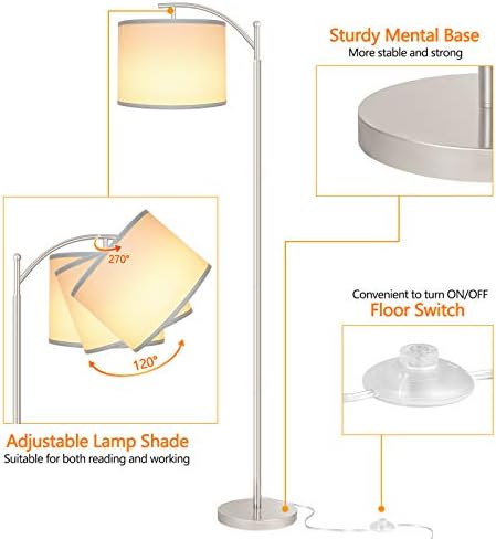 Floor Lamp for Living Room with 3 Color Temperatures LED Bulb, Standing Lamp Tall Industrial Floor Lamp Reading for Bedroom, Office (9W LED Bulb, White Lampshade Included) -Silver - Image 3