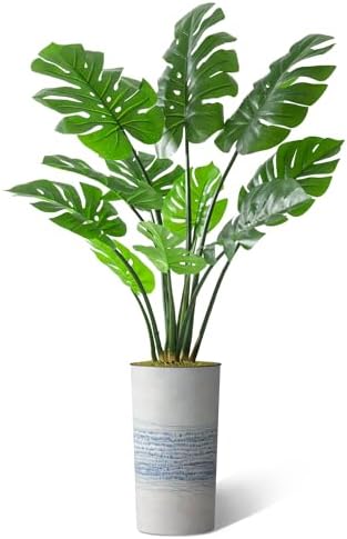 Artificial Tree in Blue Gray Industrial Line Pattern Planter, Fake Monstera Silk Tree for Indoor and Outdoor Home Decoration - 65" Overall Tall (Plant Pot Plus Tree) - Image 2