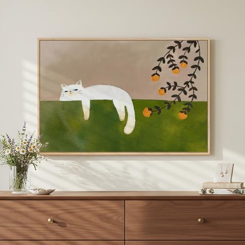 Large Framed Cozy Cat Neutral Green Canvas Wall Art Bedroom, 24x36 Inch by Cuspin