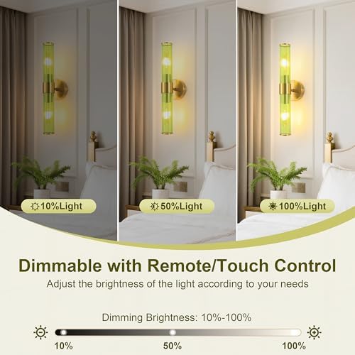 Morauroral Gold Battery Operated Wall Sconces Set of 2, Rechargeable Wall Lights with Remote Control, 20 Inch Modern Wireless Wall Lamp for Bedroom, Living Room with Green Shade (Bulbs Included) - Image 4