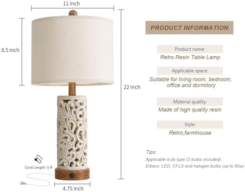 OYEARS 22'' Table Lamp Set of 2 for Living Room,Farmhouse Lamp for for Bedroom,Vintage Retro Bedside Lamps with USB Ports Linen Shade for Home Office (Brown, Bulb Included) - Image 5