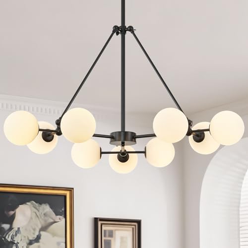 CATINER Modern 40" 9-Light Black Sputnik Chandelier with Milk Glass Globe by CATINER