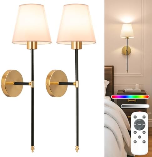 NIORSUN Battery Operated Wall Sconce Set of 2,Black-Gold Rechargeable Wall Lights with 10400mAh Dimmable Bulbs and Remote,10 Colors Wireless Wall Lamps for Bedroom Living Room Hallway Decor by NIORSUN
