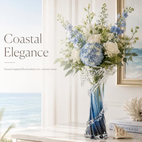 12" H Blue Blown Glass Vase, Modern Art Hand Blown Coastal Vase,Beautiful Unique Ocean Wave Centerpieces for Living Room, Bedroom, Office Desktop,Coffee Table and Wedding Decorative (L) - Image 6