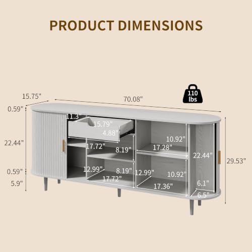71" Sideboard Buffet Cabinet with Storage,Large Credenza with Sliding Doors and 1 Drawer,Mid Century Modern Coffee Bar Cabinet with Adjustable Shelves for Dining Room, Kitchen, Living Room (White) - Image 2