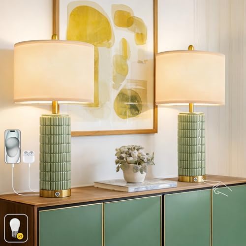 PoKat 25'' Bedside Table Lamps Set of 2 for Living Room with USB A&C Ports, Touch Lamps with 3-Way Dimmable Control for Bedroom, Farmhouse Green Lamps for Nightstand Office Hallway (Bulbs Included) by Pokat