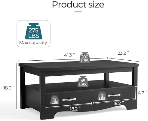 LINSY HOME Farmhouse Coffee Table with Storage, Wood Coffee Table for Living Room, Open Display Area and Storage Drawers with Metal Handles, Chic Style with Curved Base, Black - Image 3