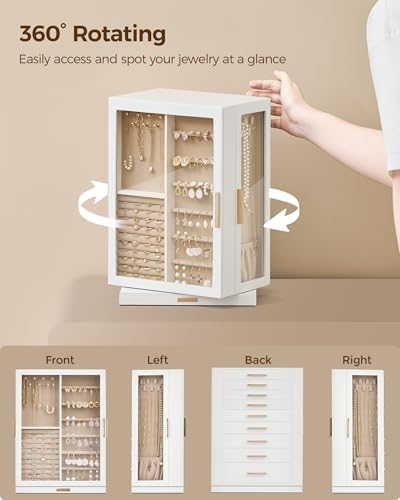 Glimmloop 360° Rotating Jewelry Box with 9 Drawers, Spacious Vertical Jewelry Organizer with Glass Window, Jewelry Storage Case, Dustproof & Moisture-resistant Design, White - Image 4