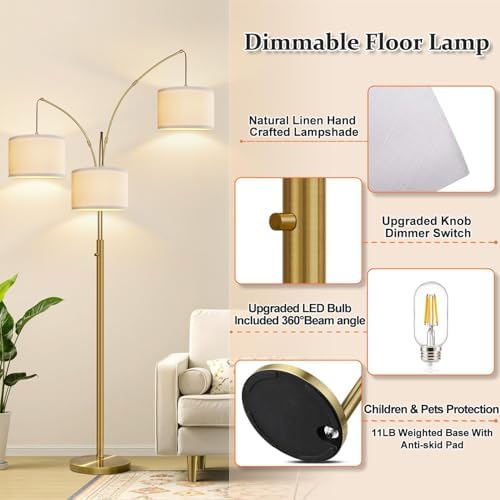 Dimmable Floor Lamp, 3 Lights Brass Arc Floor Lamp, Modern Tall Standing Tree Lamp with Beige Linen Shades & Heavy Base, 3000LM LED Bulbs, Bright Lighting for Living Room, Bedroom, Office & Reading - Image 5