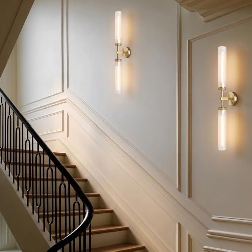 30" Knurled Brass 2 Light Wall Sconces, Long Hardwired Bathroom Vanity Light, Frosted Glass Tube Linear Modern Wall Light Fixtures, for Mirror, Bedroom, Living Room, Hallway - Image 6