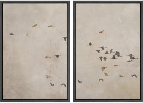 SIGNWIN Framed Canvas Print Wall Art Set Flying Birds Silhouette Minimalist Beige Illustrations Modern Minimal Decorative for Living Room, Bedroom, Office - 24"" x36 x2 Black by SIGNWIN