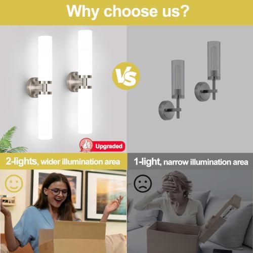 Wall Sconces Set of Two, Brushed Nickel Gold Bathroom Sconces Wall Lighting with Milky White Glass, Hardwired Modern Sconces Wall Decor Set of 2 Bathroom Light Fixtures for Mirror Living Room Bedroom - Image 7