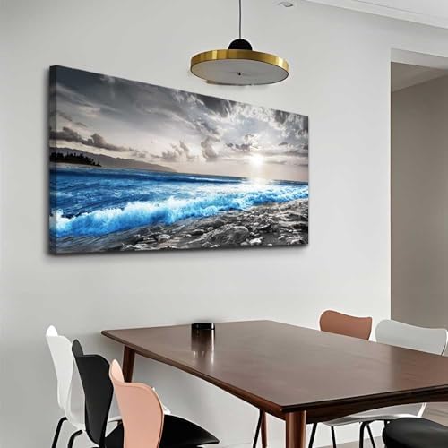 Hyidecorart Framed Canvas Wall Art - Large Size Decor for Office, Living Room, Bedroom - Blue Ocean, Black & White Modern Pictures - Image 5