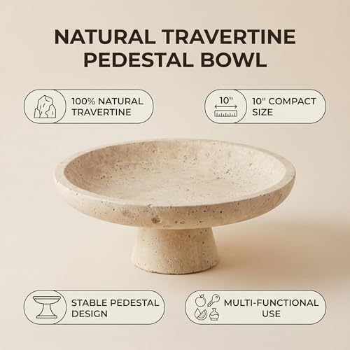 Natural Travertine Decorative Bowl - 10" Small Oval Pedestal Catchall Tray - Handcrafted Beige Footed Stone Centerpiece for Entryway, Coffee Table, or Kitchen (Japandi Style) - Image 3